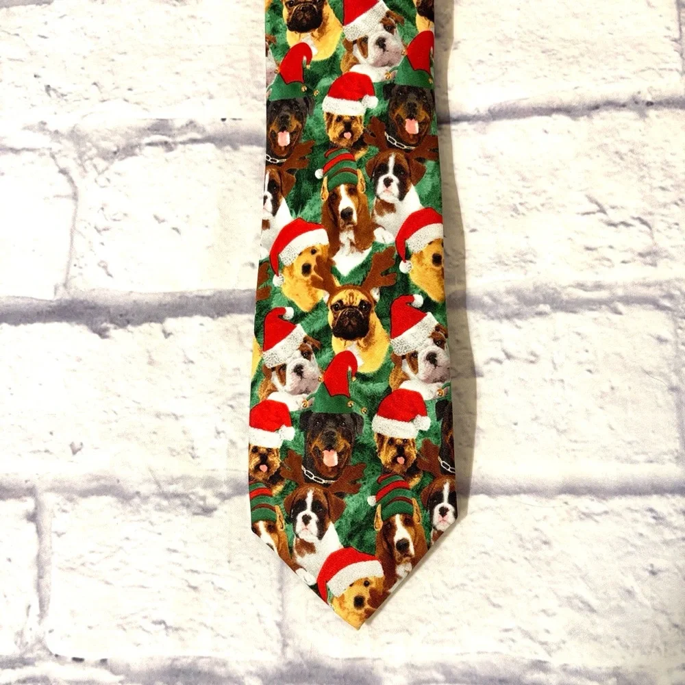 Bespoke Christmas Dogs Holiday Tie Green Christmas Puppies with Santa Hats NWT